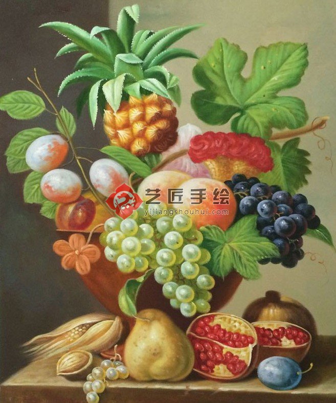 菠蘿 葡萄 藤條 玉米靜物油